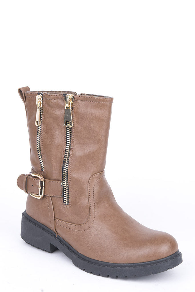 Zip and Buckle Detail Biker Boots-Dark Brown-UK 4 - EU 37